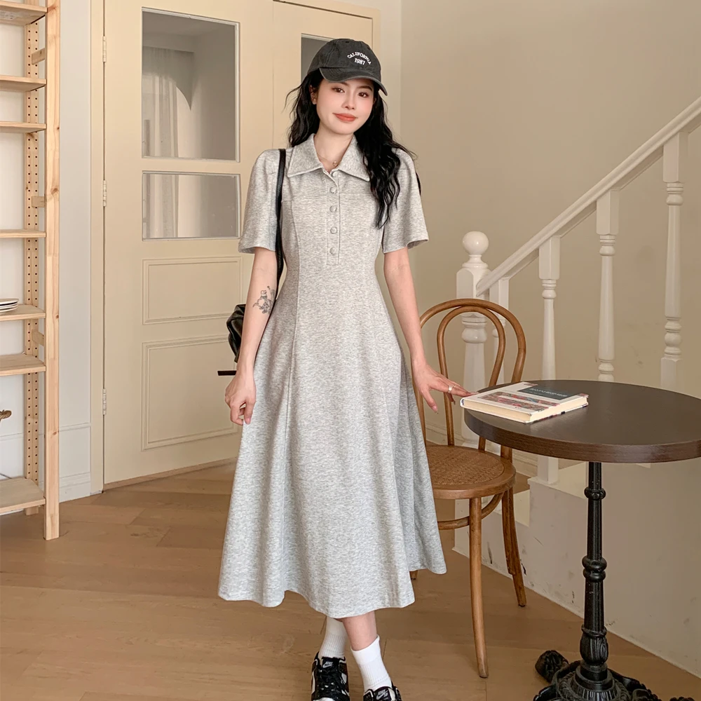 大码微胖女生polo连衣裙夏季胖mm梨型身材裙子收腰显瘦灰色长裙女