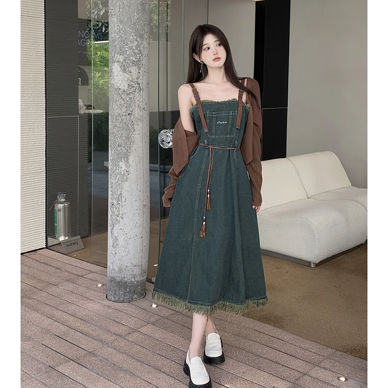 大码女装复古吊带牛仔连衣裙女秋装高级感裙子胖mm遮肚显瘦A字裙