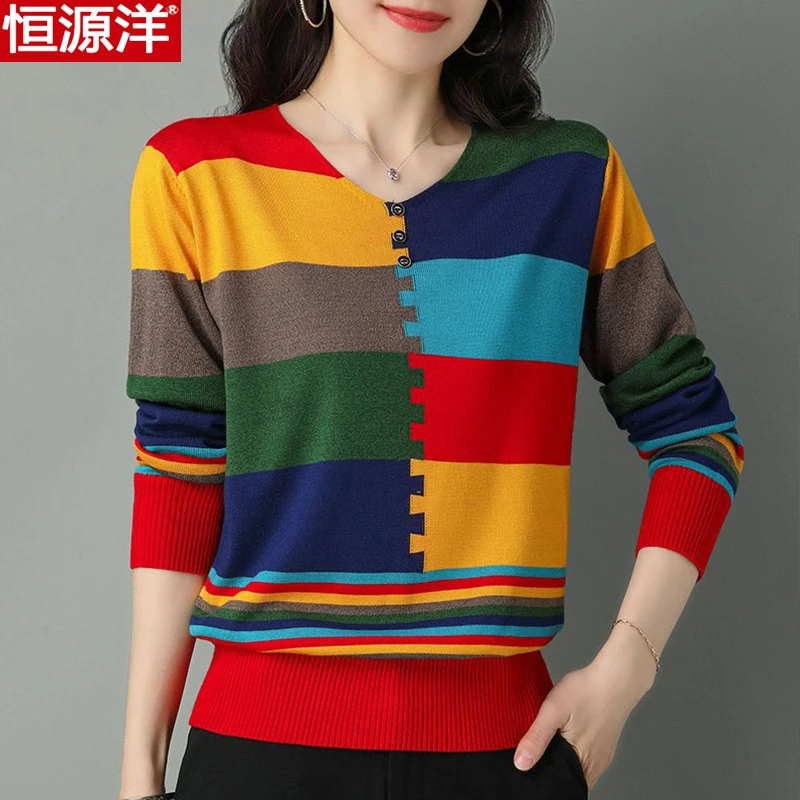 恒源中年妈妈秋装新款桑蚕丝打底针织衫女撞色洋气祥羊毛T恤上衣