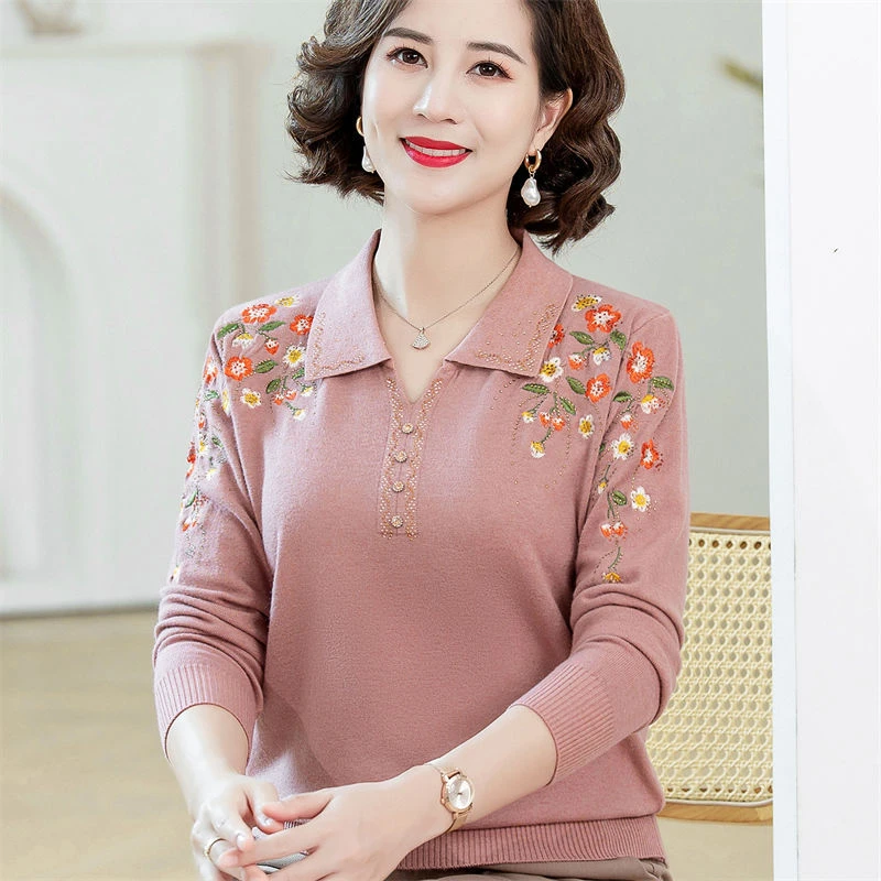 新款妈妈春秋冬宽松上衣中老年人女装翻领毛衣长袖T恤针织打底衫