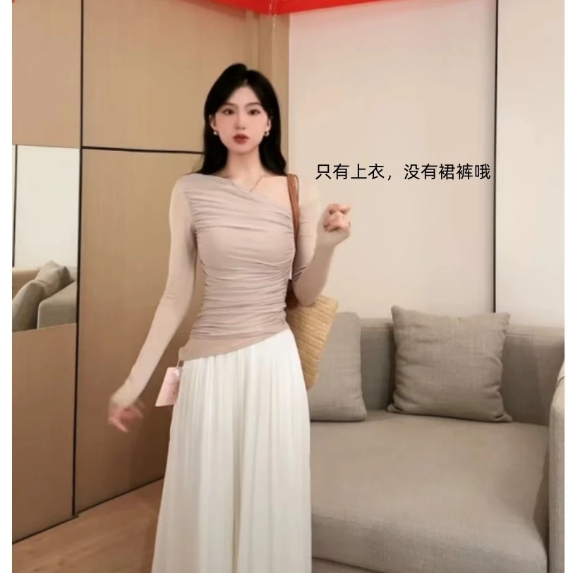 现货木木家 长袖设计感斜肩修身显瘦上衣+ H0752