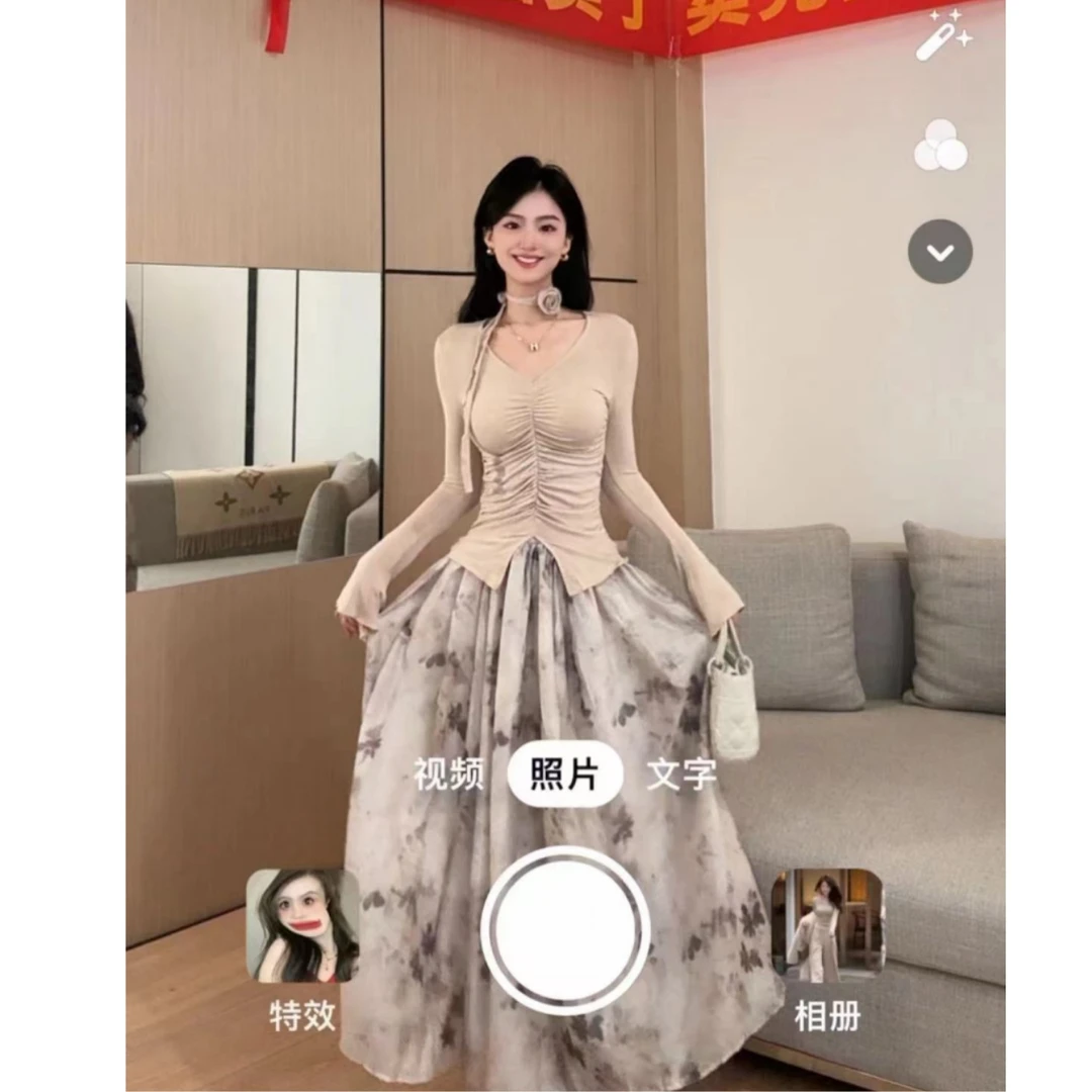 现货木木家 纯欲风修身显瘦上衣+国风水墨印花半身裙 H0741+H0742