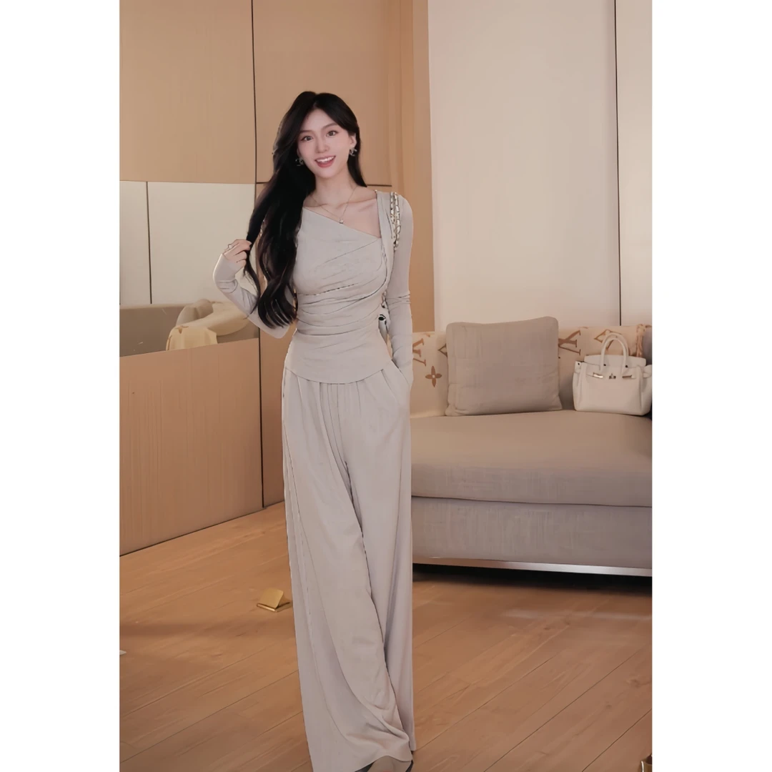 木木家 斜领休闲风遮肉长袖上衣+休闲风高腰长裤 H1212+H1213