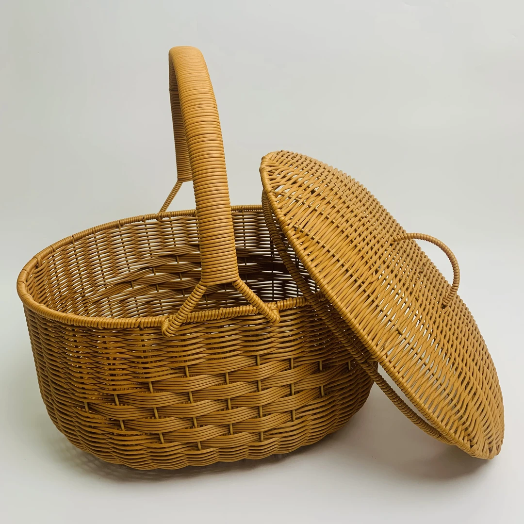 D12纯手工编织对称编花旦形野餐篮仿藤家用露营收纳篮40*30*20