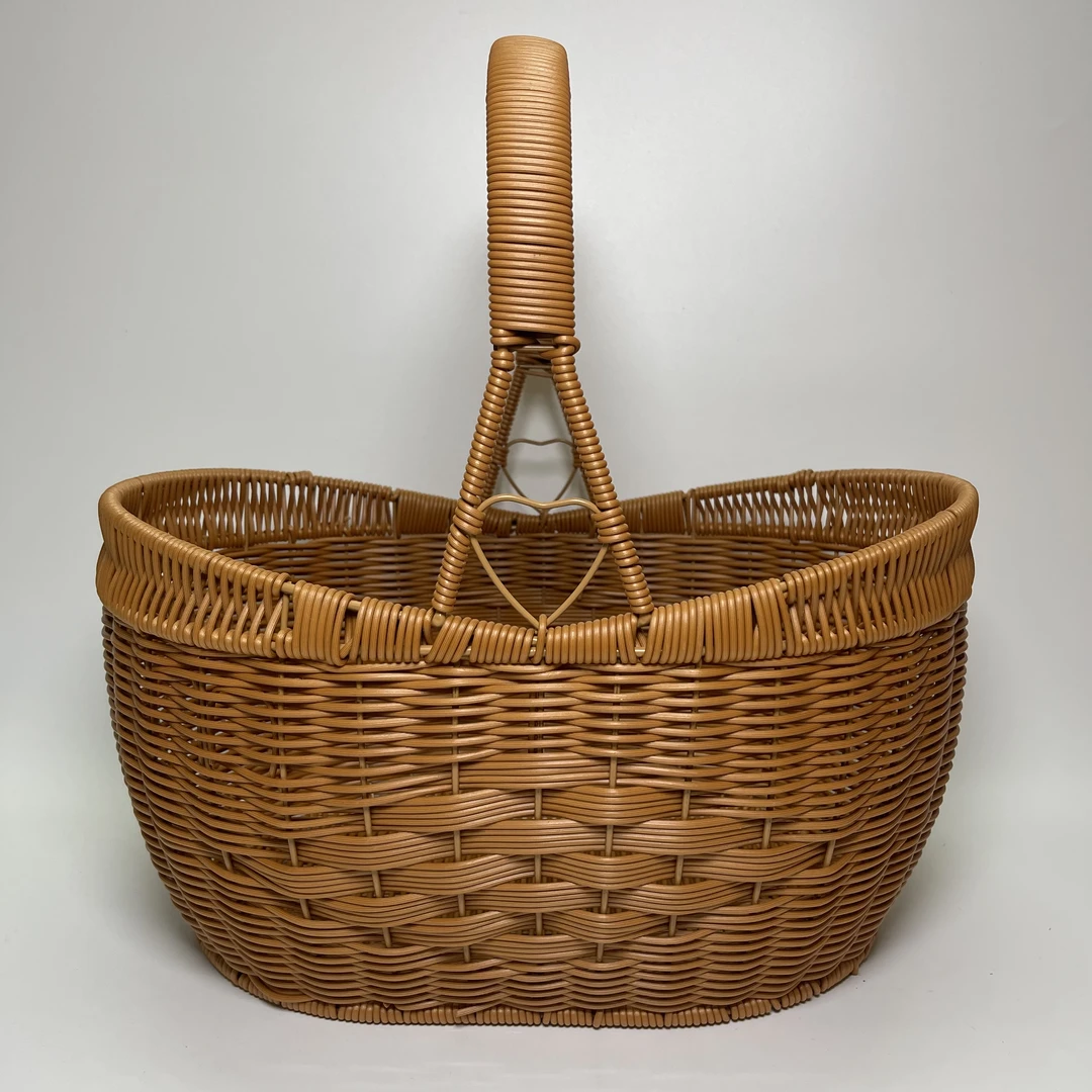 藤编手提篮J11大号纯手工编织双面编花元宝买菜篮野餐篮40*30*20