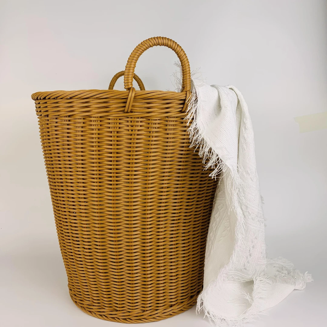 E33脏衣篓田园仿藤编茶色大容量脏衣服收纳筐家用装衣服篮40*40