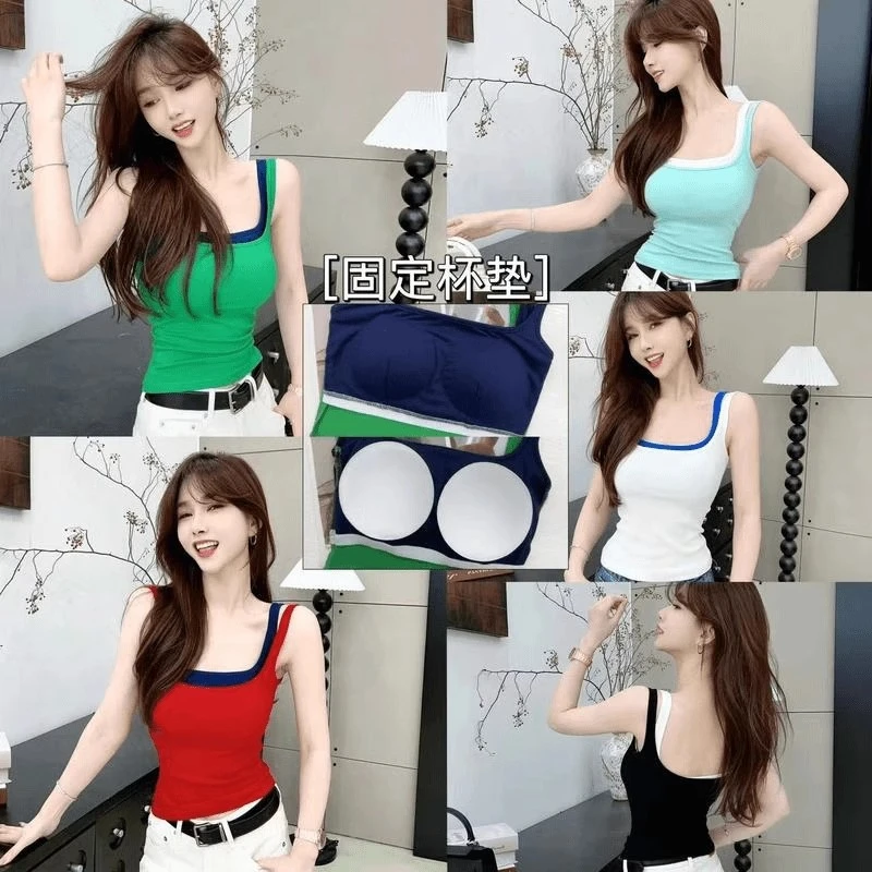卡卡女装官方旗舰正品防走光假两件拼接吊带背心一体杯垫美背上衣