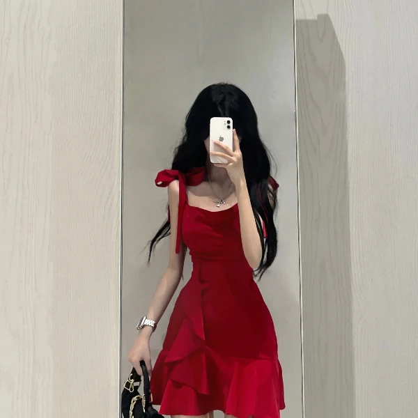 【致命美人】红色冷白皮显瘦夏季浪漫荡领高腰荷叶边系带连衣裙短裙