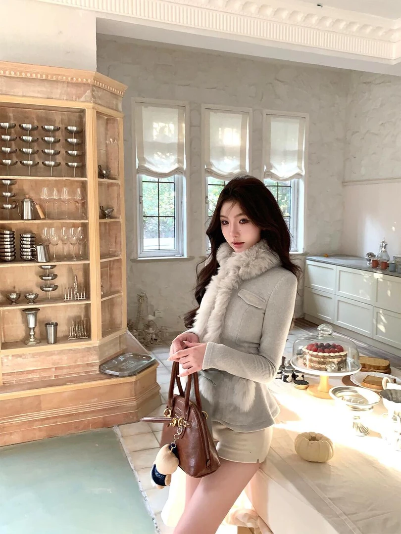 气质名媛风千金感百搭修身显瘦针织毛衣长袖拼接毛毛领冬季上衣女