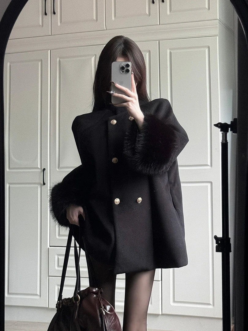 千金感呢子大衣黑色小香风气质温柔高级感毛毛手袖秋冬毛呢外套