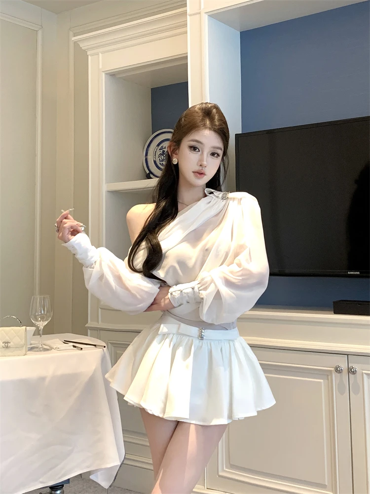 花苞裙裤辣妹纯欲风蝴蝶结辣妹性感斜肩抽皱上衣百褶半身裙套装