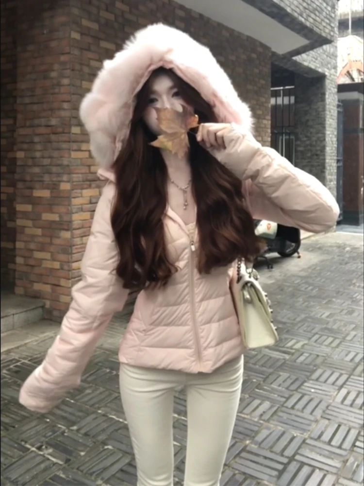 冬季加厚保暖修身短款大毛领连帽棉服外套显身材百搭紧身打底裤
