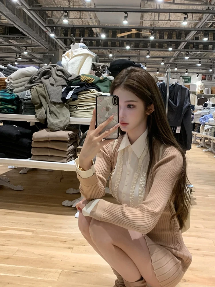 纽约艺高 针织连衣裙内搭裙假两件拼接衬衫领气质收腰显瘦百褶裙