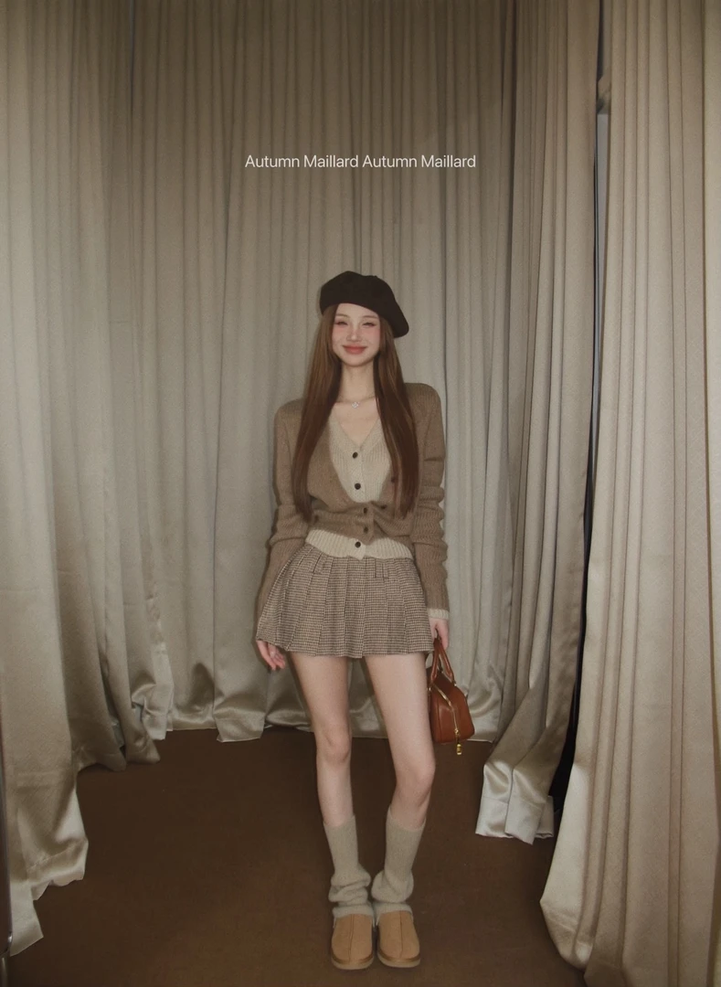 美拉德穿搭 假两件V领复古针织开衫千鸟格百褶裙短裙A字半身裙女