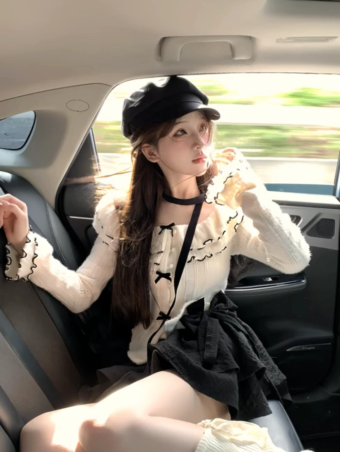 纯欲风甜美一字肩荷叶边设计感长袖上衣法式小黑裙蛋糕短裙半身裙