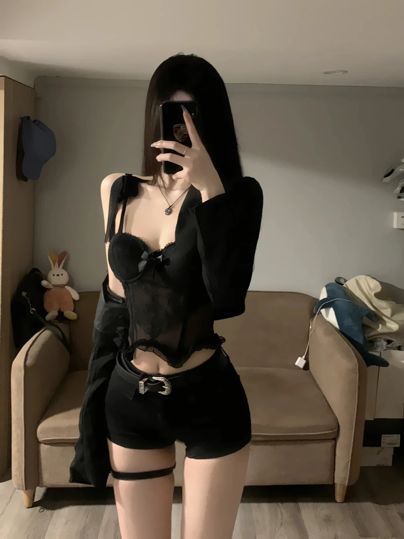 九亿 夏季黑色纯欲风辣妹网纱蕾丝修身显瘦短款吊带背心内衣上衣