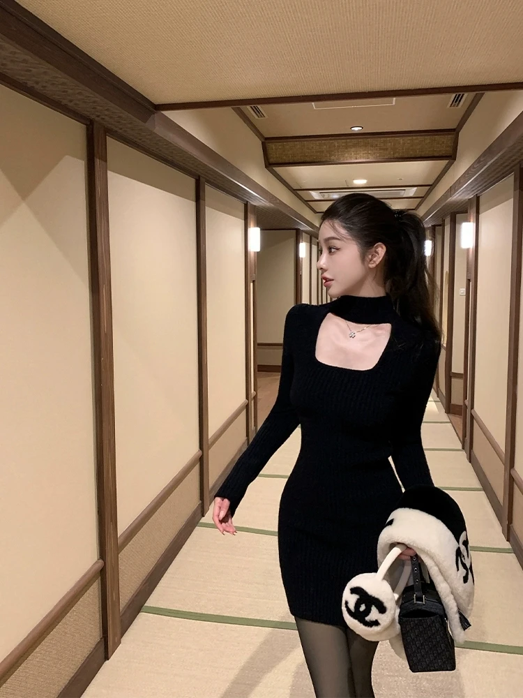 娇养韩女感 纯欲风性感镂空收腰显瘦辣妹紧身包臀短裙针织连衣裙