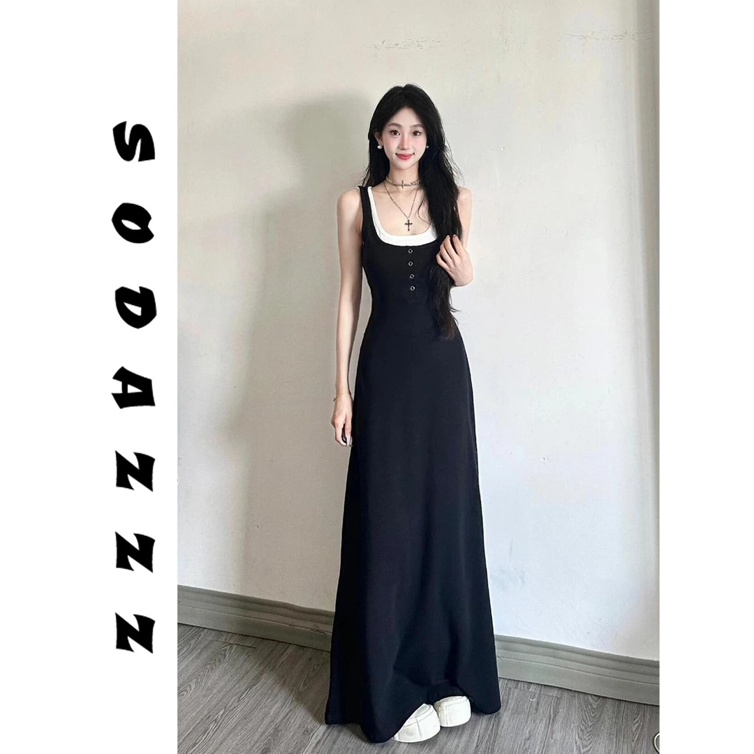 夏季假两件设计感小众收腰显瘦a字长裙黑色无袖吊带背心连衣裙女