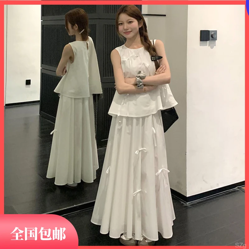 甜美穿搭立体蝴蝶结花苞背心上衣套装夏季新款女两件套装韩系气质