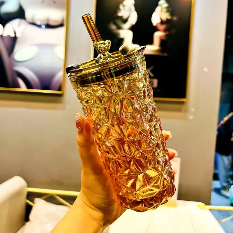 高颜值透明吸管水杯仙女家用水杯办公室高级感带盖喝水杯牛奶杯子