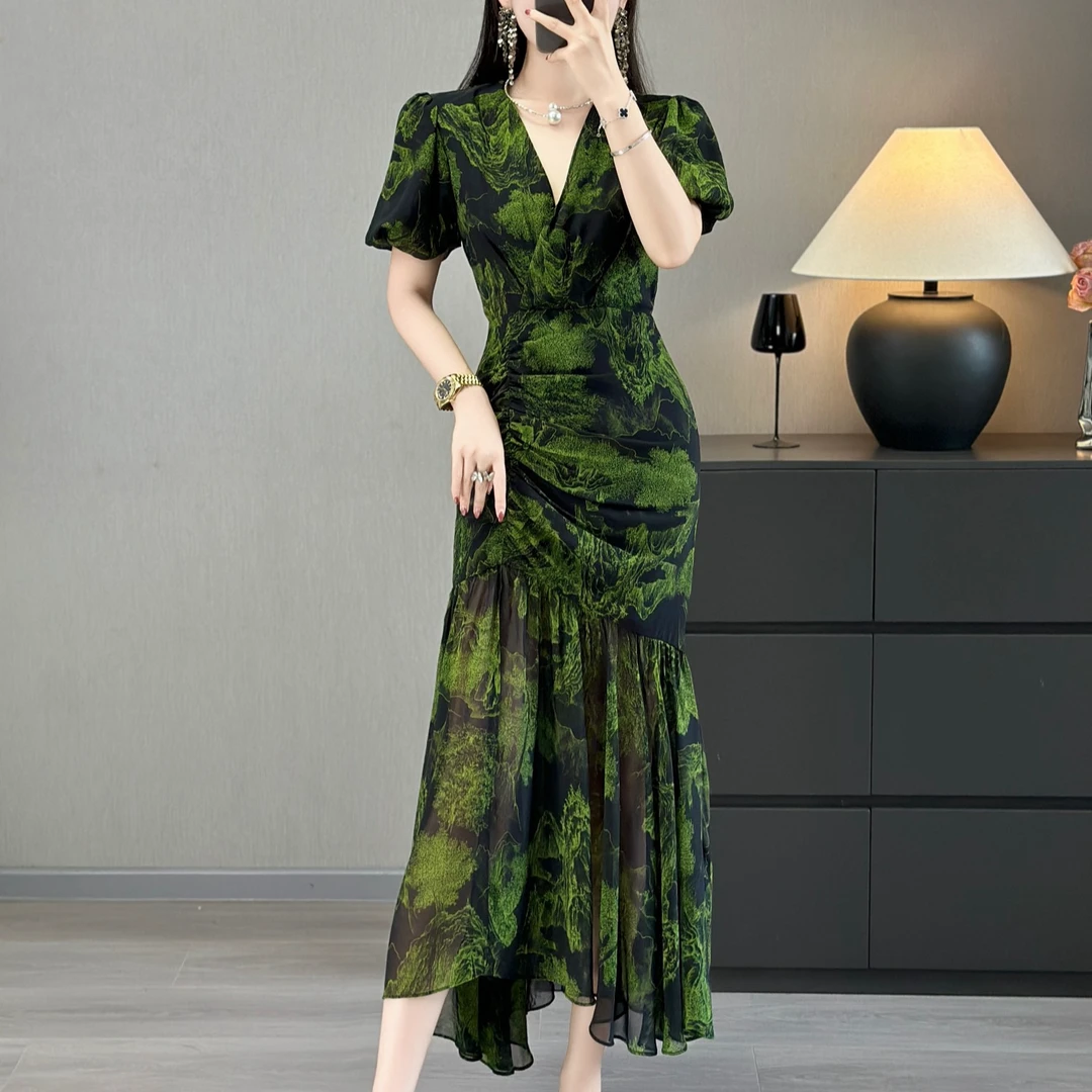 【J.H】法式复古港风v领短袖连衣裙夏季新款山水印花收腰显瘦鱼尾裙