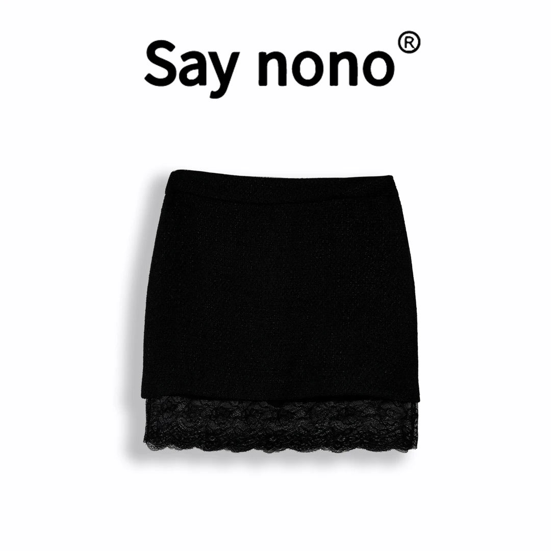 懒猫nono│Saynono 时尚轻奢优雅气质黑色蕾丝裙边包臀短裙WD1613