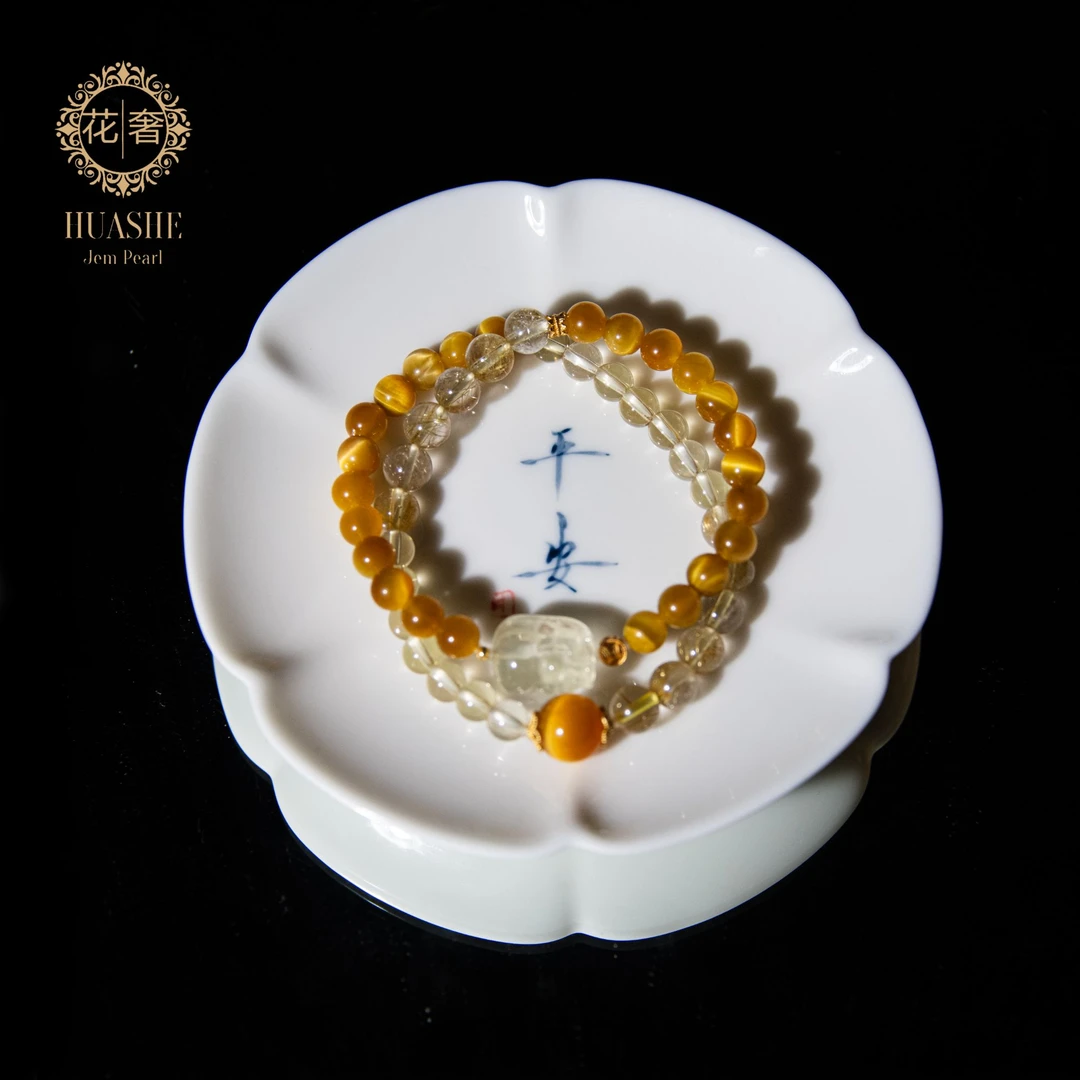 【进财】花奢珠宝   金发晶+金虎眼S925银双圈手串（多样性发货）