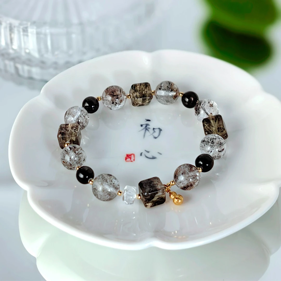 【墨意】花奢珠宝 黑闪灵黑羽极光金运石18k手串（多样性发货）
