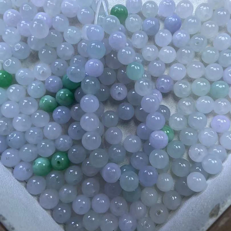 129x缅甸翡翠冰种多宝卡6左右圆珠冰紫阳绿珠子手串散珠