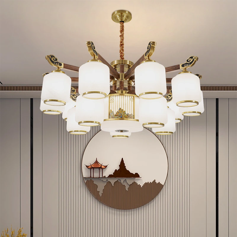 新中式进口北美胡桃木客厅吊灯新中式复式楼大吊灯餐厅灯
