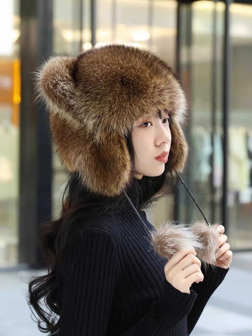 小浣熊护耳帽美洲貉子毛雷锋霸王帽尾巴冬季保暖男女儿童皮草帽子