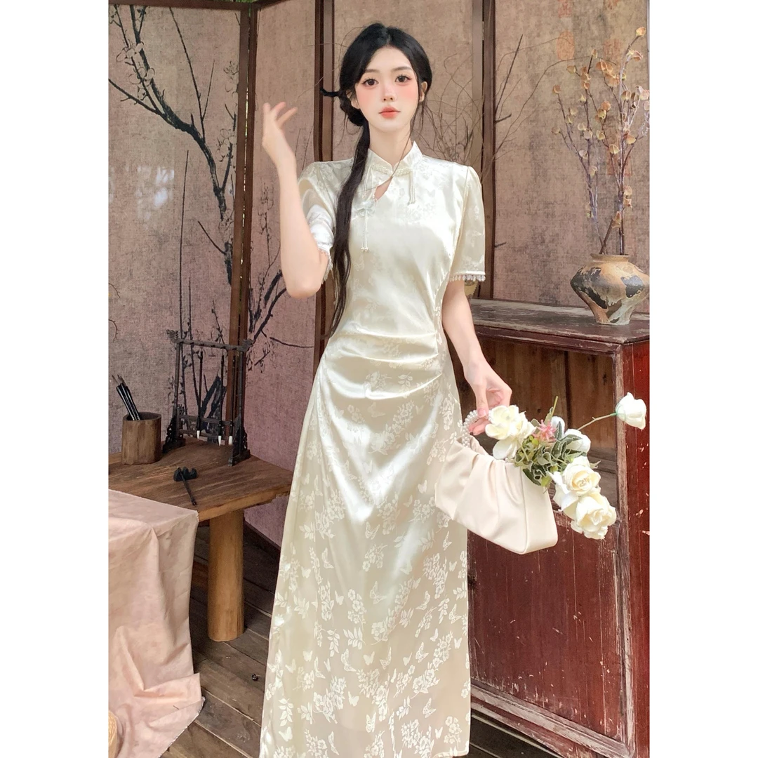 新中式提花斜襟旗袍裙女夏装汉元素连衣裙胖MM国风收腰开叉长裙