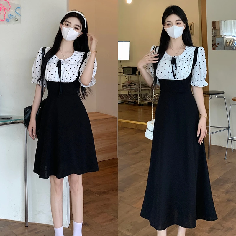 学院风娃娃领短袖连衣裙女2024新款夏季大码胖mm收腰显瘦气质裙子
