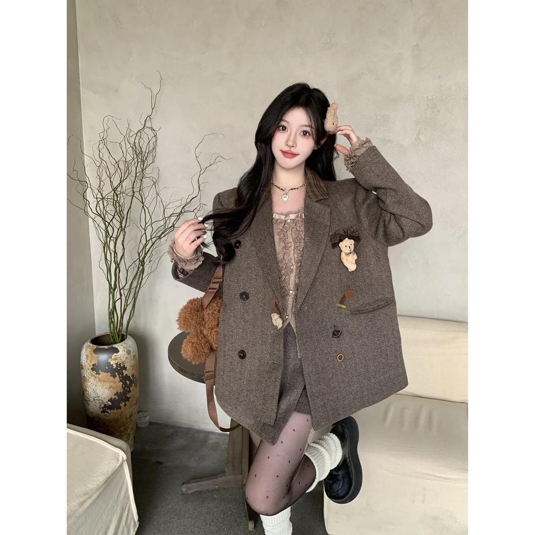 大码学院风复古夹棉长袖西装外套格子拼接复古纽扣毛呢裤裙两件套
