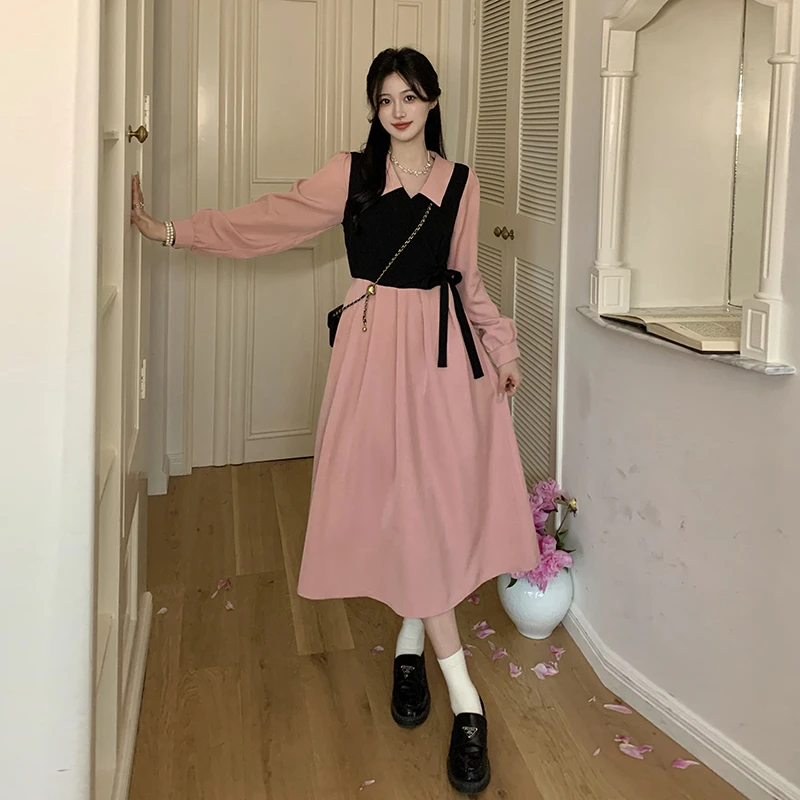 大码女装胖mm法式气质撞色连衣裙女2023年新款秋季收腰文艺裙子