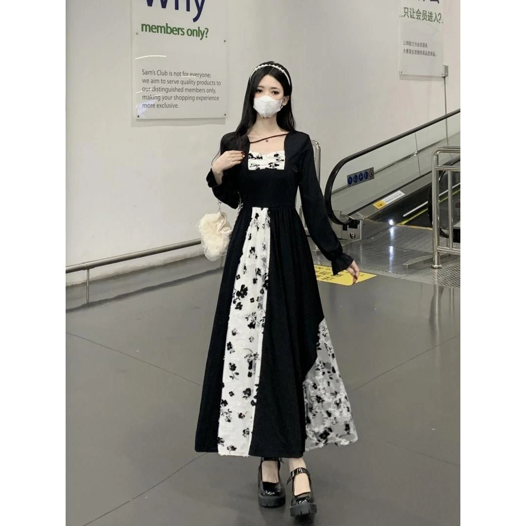 法式赫本风蕾丝拼接长袖连衣裙女秋季大码胖mm收腰显瘦假两件长裙