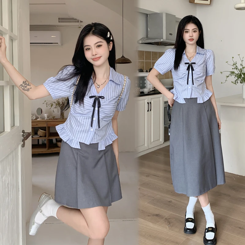 大码学院风套装女夏季微胖mm显瘦遮肉条纹衬衫+半身裙甜辣两件套