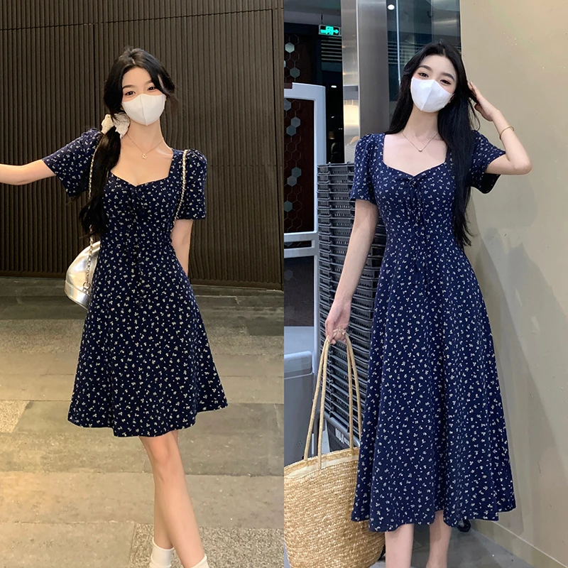 大码韩系碎花v领连衣长裙女2025夏季新款胖mm法式气质显瘦短裙子