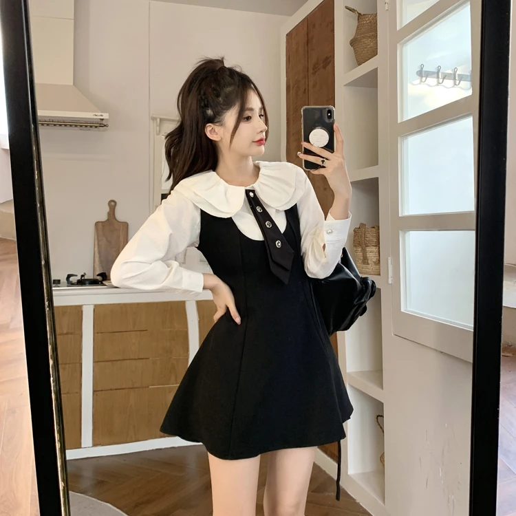 小个子微胖减龄学院风套装女秋季收腰显瘦背带裙a字连衣裙两件套