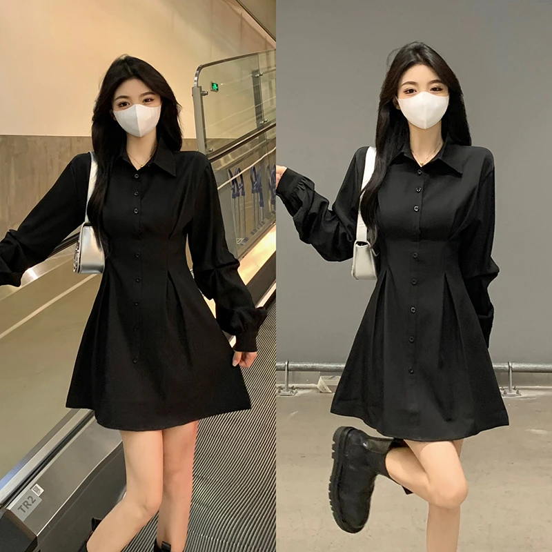 大码法式赫本风黑色衬衫连衣裙女春秋新款设计感小众收腰显瘦裙子