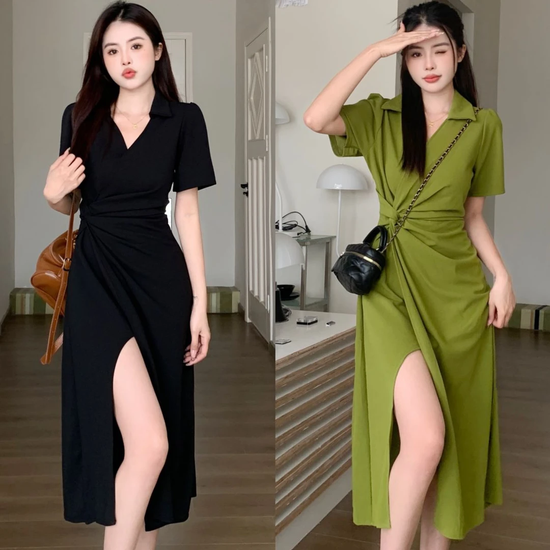 大码2025夏季新款减龄收腰设计感别致不规则法式POLO领开叉连衣裙