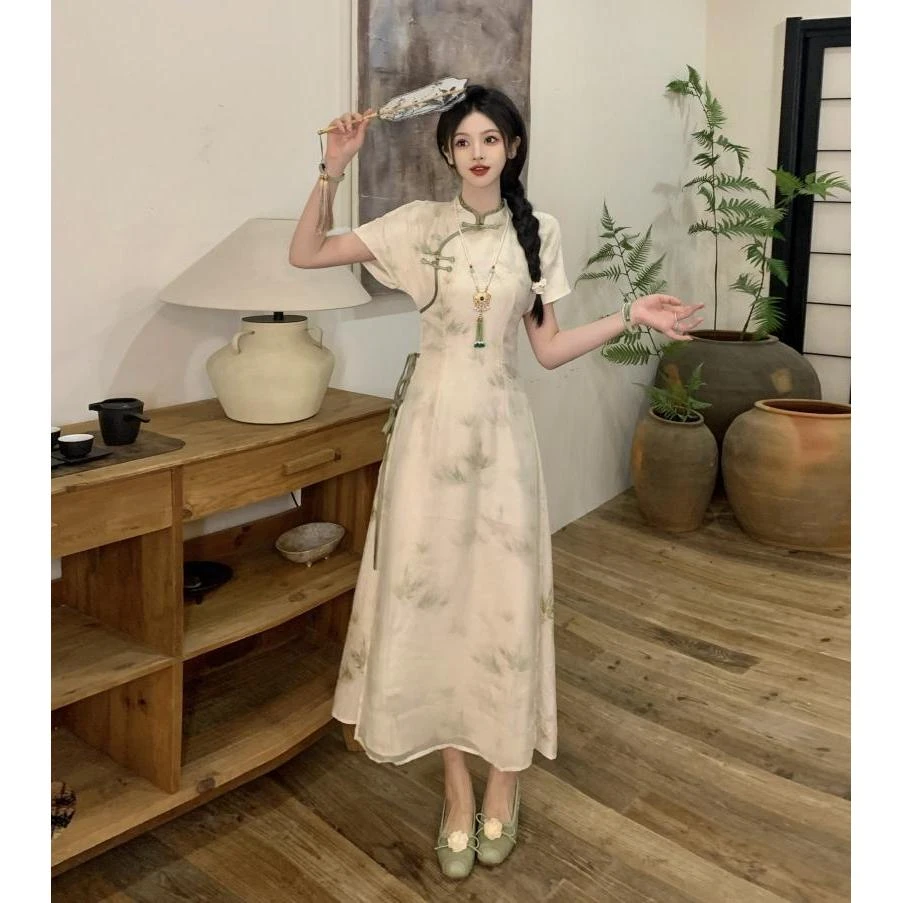 大码女装夏季新款中式国风改良旗袍连衣裙显白显瘦古典气质优雅女