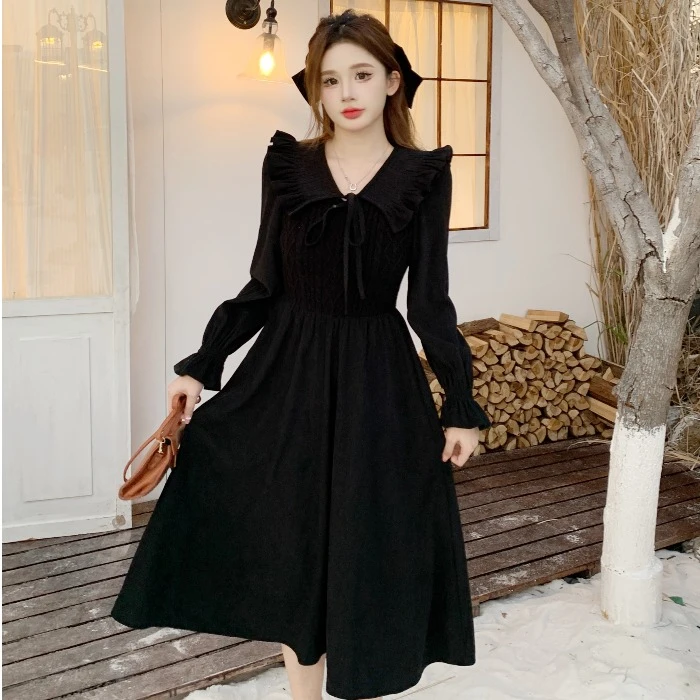大码胖MM黑色针织拼接高腰连衣裙女秋冬甜美法式荷叶边V领打底裙