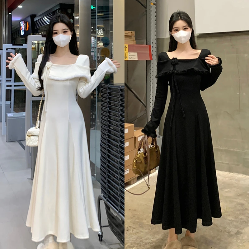 法式温柔高级感一字肩连衣裙秋冬大码气质收腰显瘦轻熟风大摆长裙