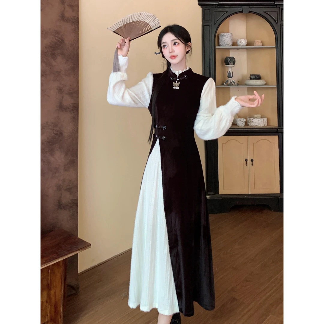 大码胖mm温柔风新中式假两件连衣裙2024秋冬新款气质收腰显瘦裙女