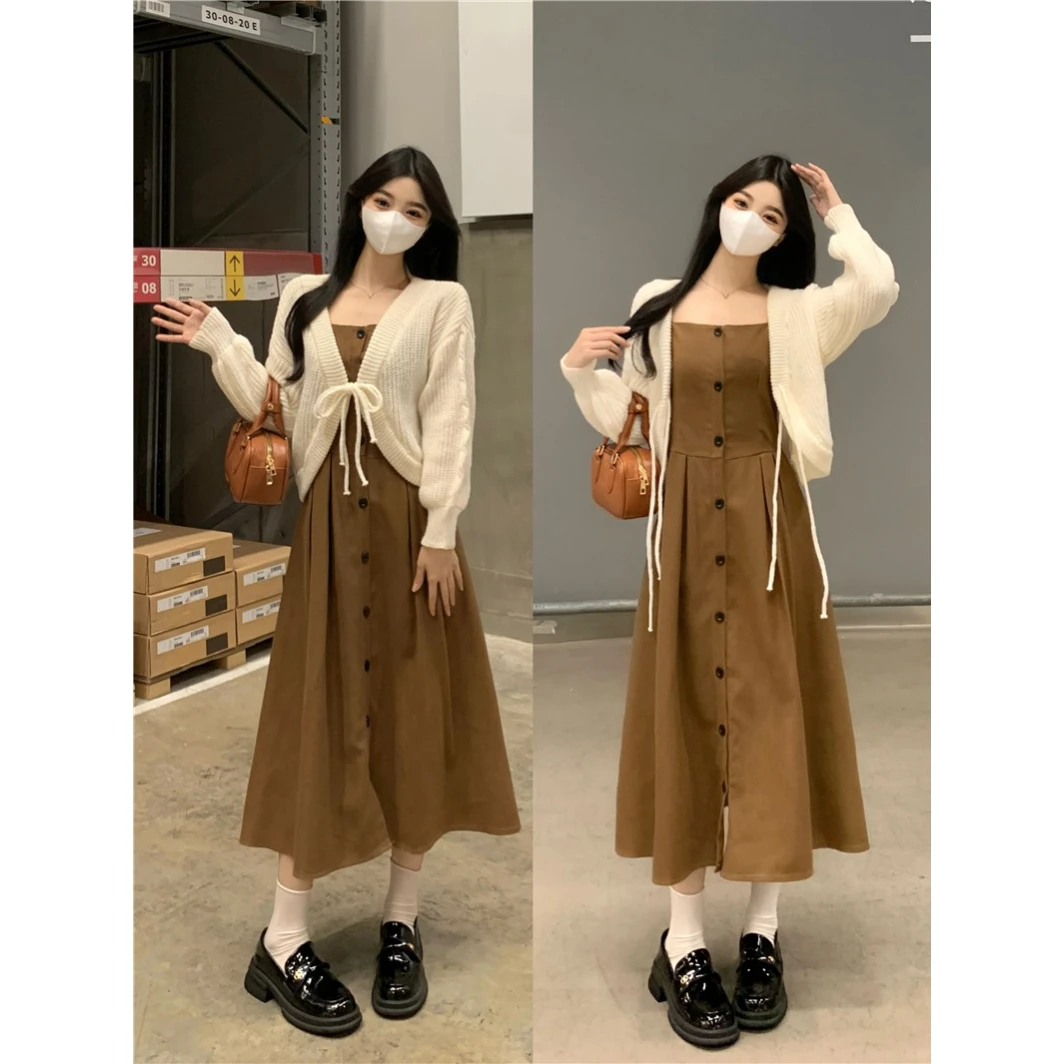 大码女装法式复古吊带裙毛衣外套秋款胖mm赫本风设计感裙子两件套
