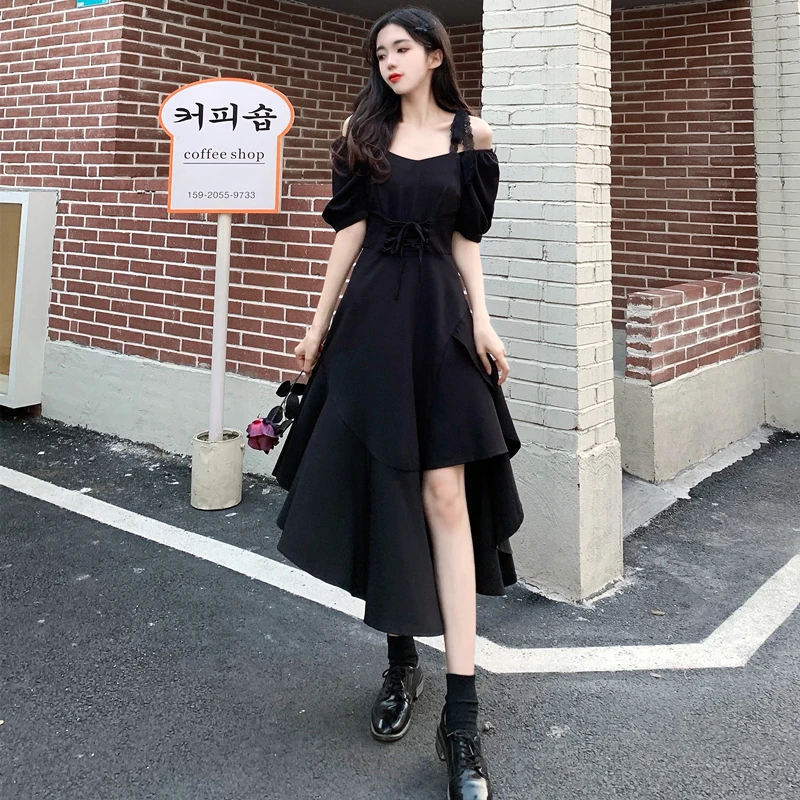 大码女装2024年夏季胖mm收腰显瘦吊带连衣裙黑色赫本风不规则长裙