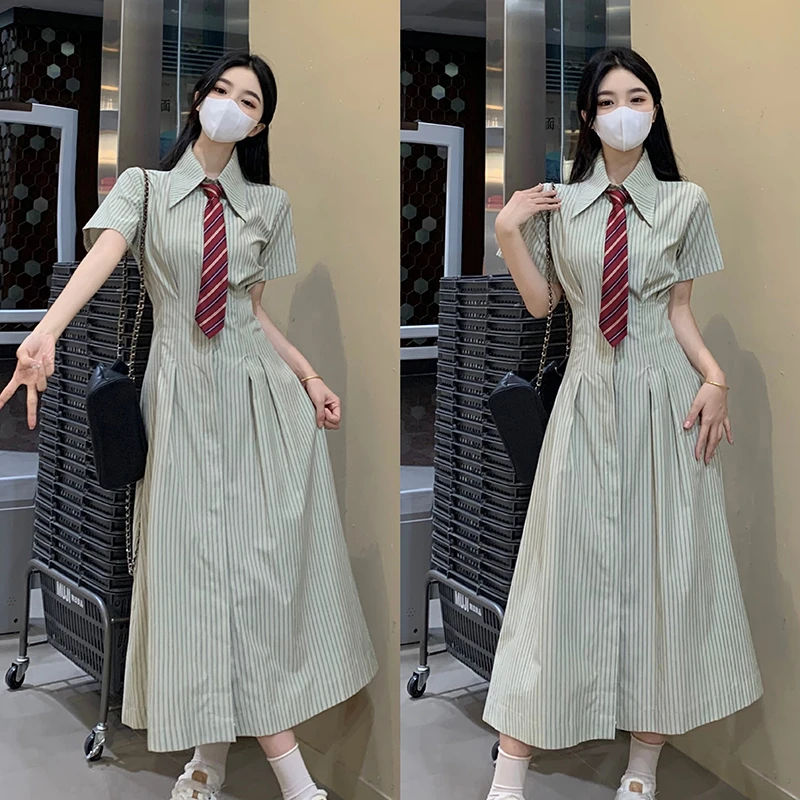 大码女装法式甜美Polo领短袖连衣裙女夏季胖mm遮肚显瘦学院风长裙