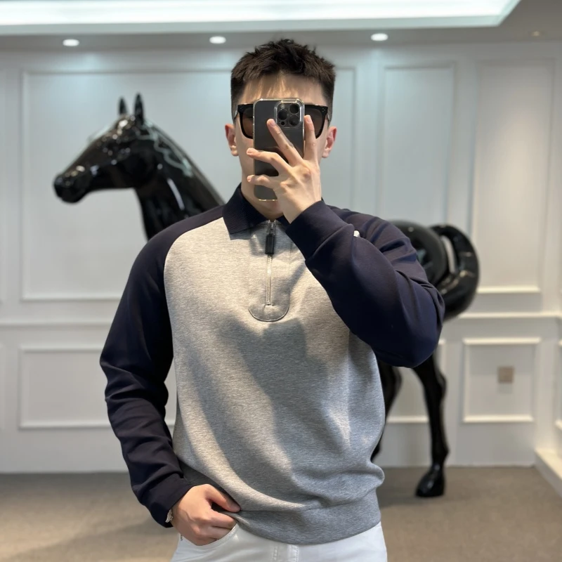 古帝特尼秋冬新款男士拼色时尚百搭舒适亲肤翻领长袖打底衫Z-8090