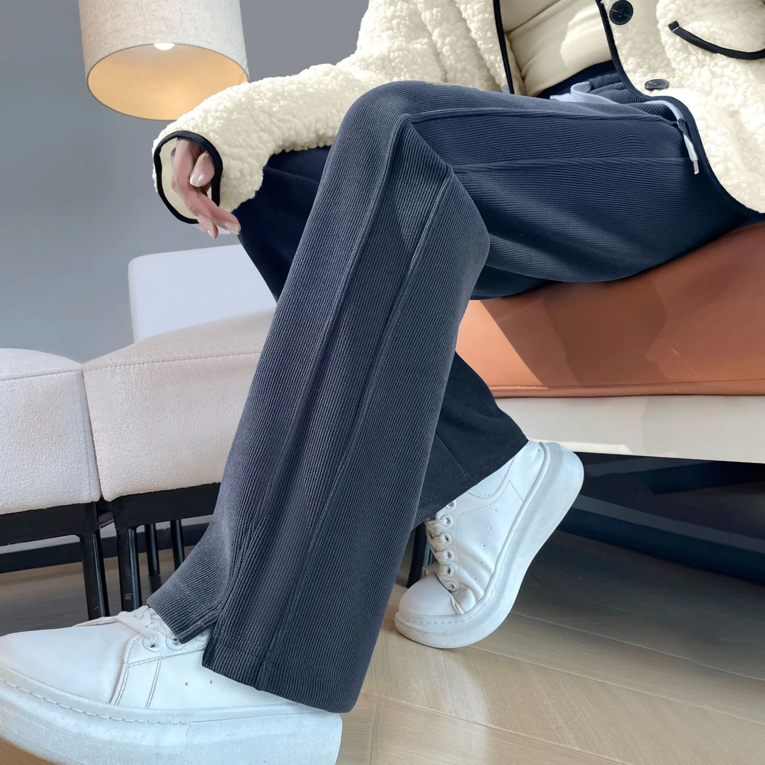 灰色雪尼尔阔腿裤女秋冬小个子加绒窄版直筒香蕉裤条绒灯芯绒裤子